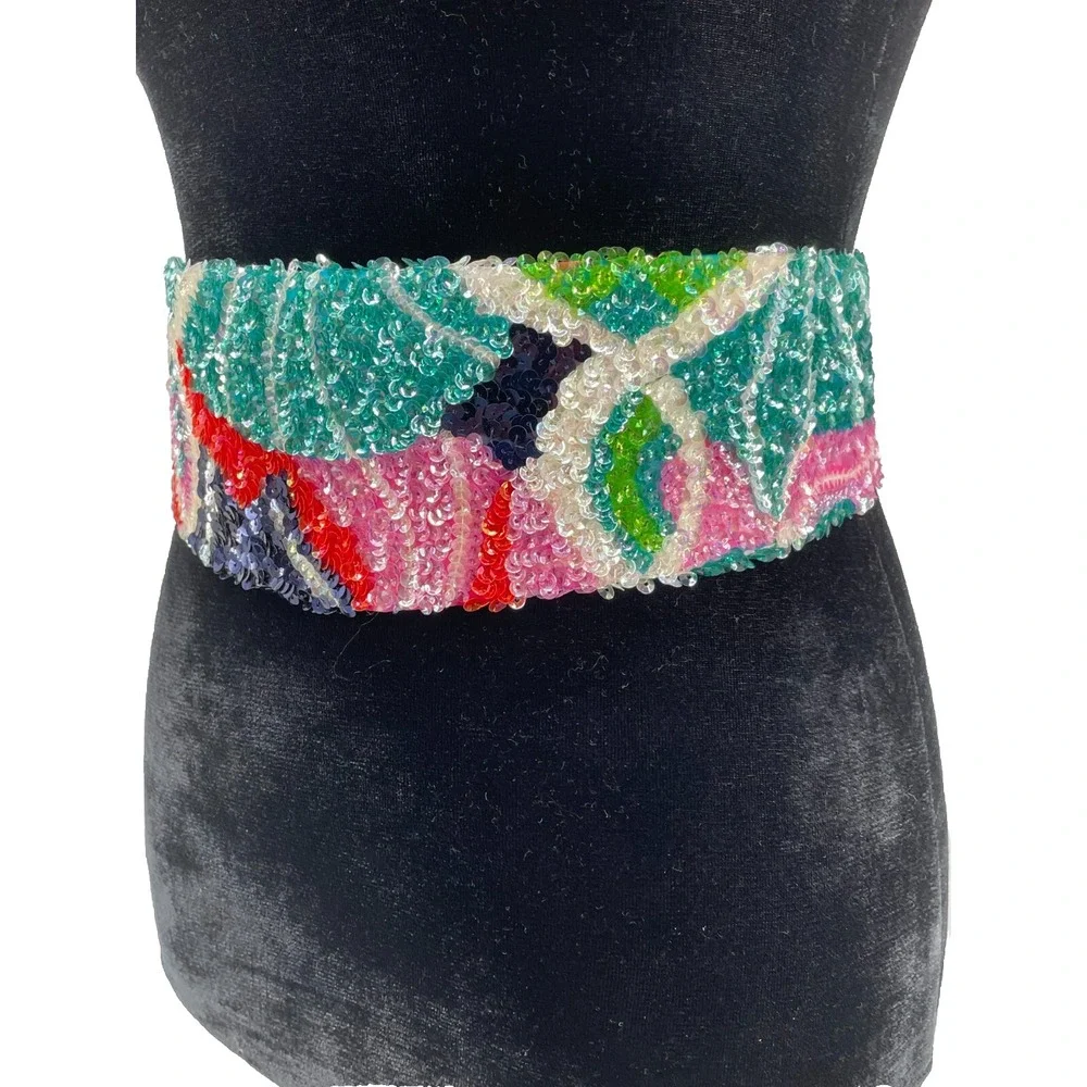 Vintage La Mendola Agosto Mod Art Hand Beaded Multicolor Pure Silk Chiffon Belt